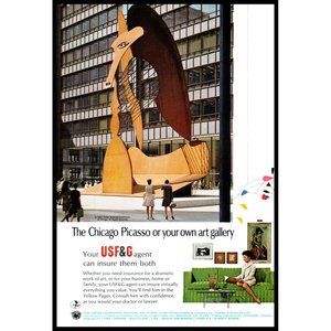 1968 USF&G Insurance Vintage Print Ad Chicago Picasso Civic Center Wall Art